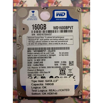 Hard Disk Usato Semifunzionante SATA 2,5" 160GB WESTERN DIGITAL WD1600BPVT-22JJ5T0 EHMTJHB XJ05J7B5A 14NOV2012