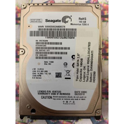 Hard Disk Usato Semifunzionante SATA 2,5" 160GB SEAGATE ST9160412AS 9HV14C-071 0003LVM1 11083 WU