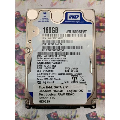 Hard Disk Usato Semifunzionante SATA 2,5" 160GB WD WD1600BEVT-22ZCT0 HHN2HNB 13 OCT 2008